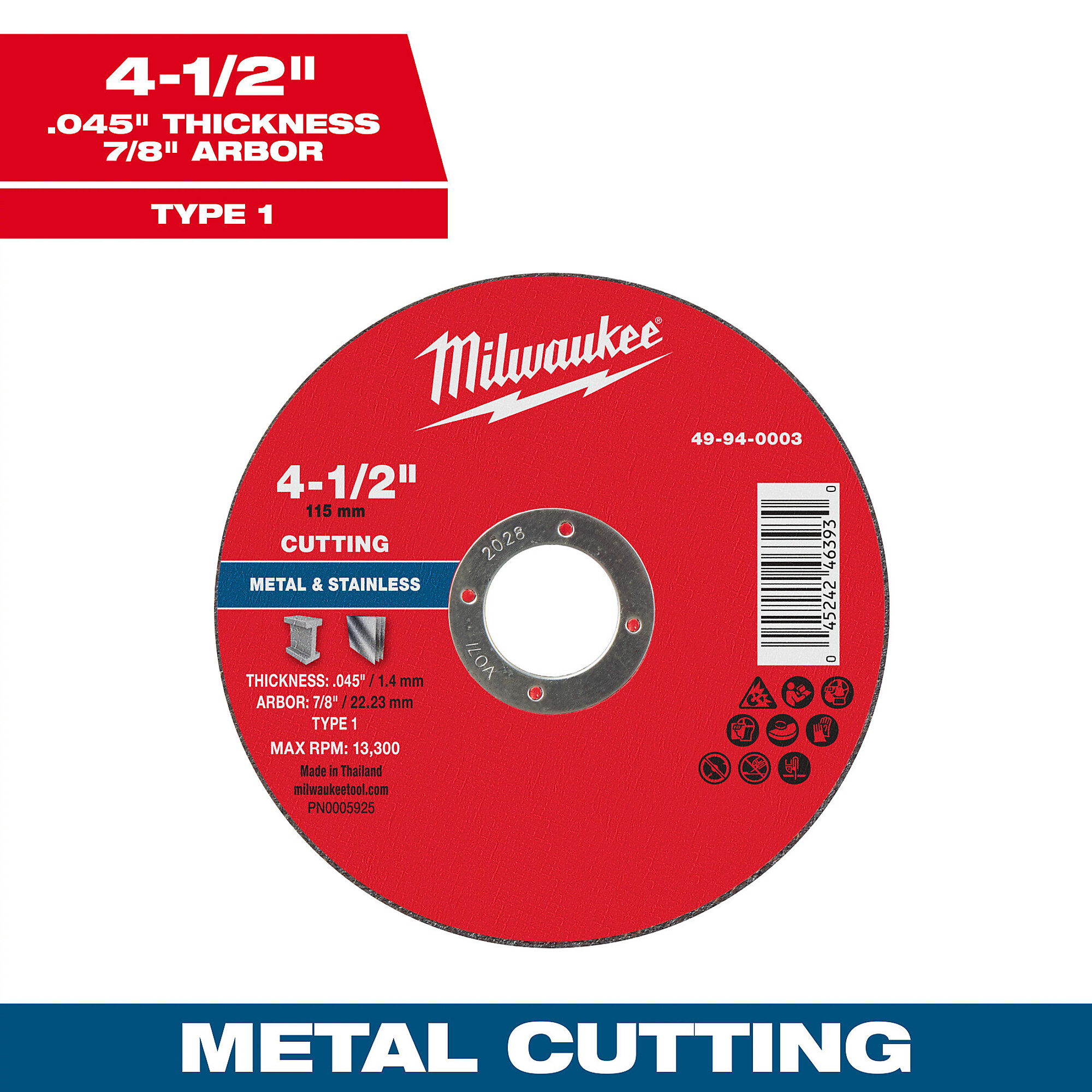Milwaukee 4-1/2" x .045" x 7/8" Metal Cut Off Wheel, Type 1, Model# 49-94-0003